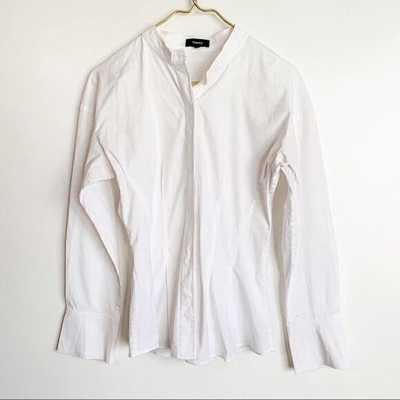 Theory BAND COLLAR PLEATED SHIRT White - Picture 2 of 6